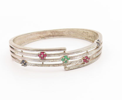 925 Sterling Silver Vintage Bracelet Sapphire Ruby Emerald Floral Bangle BT11799