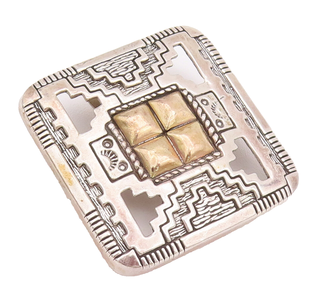 12k Gold 925 Sterling Silver Vintage Brooch Pin NAVAJO Aztec Carved  BP10750