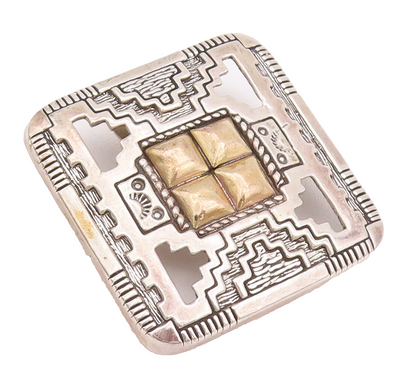 12k Gold 925 Sterling Silver Vintage Brooch Pin NAVAJO Aztec Carved  BP10750