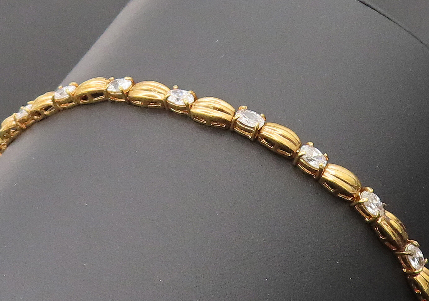 925 Sterling Silver  Vintage Gold Plated Carved CZ Tennis Bracelet  BT10123