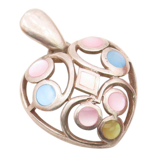 925 Silver  Vintage Multi Color Mother Of Pearl Open Heart Pendant  PT21459