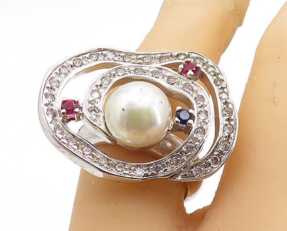 925 Sterling Silver Pearl & Multi Color Topaz Cocktail Ring Sz 7 RG6567