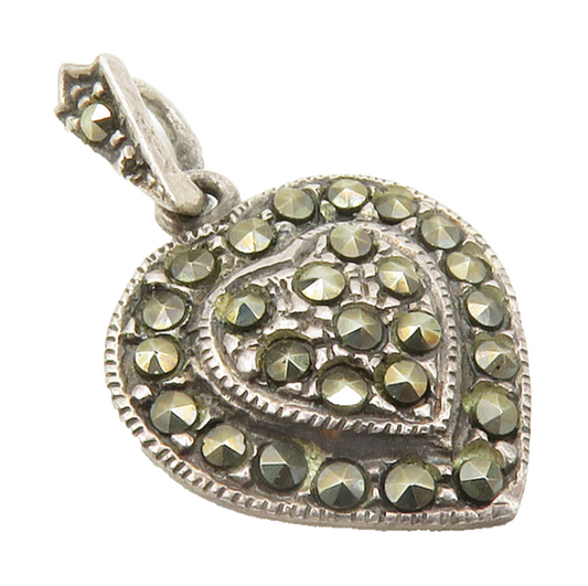925 Sterling Silver  Vintage Petite Marcasite Love Heart Pendant  PT10676