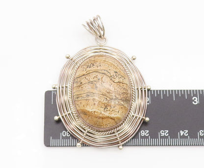 925 Silver  Vintage Bali Large Brown Jasper Halo Spiderweb Pendant  PT22272
