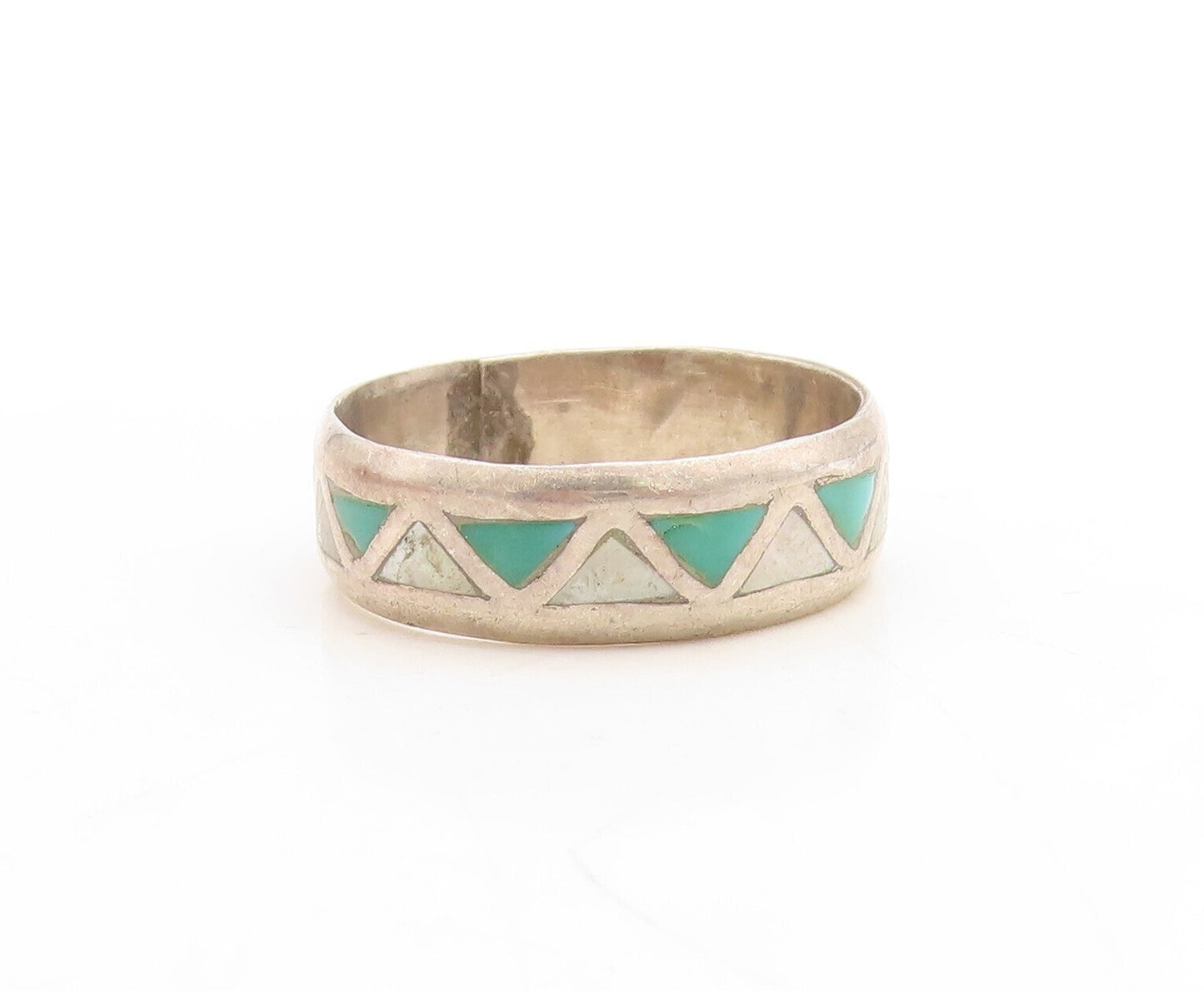 925 Sterling Silver Vintage Ring Triangle Carved Gemstone Inlay  Sz 9.5  RG31196