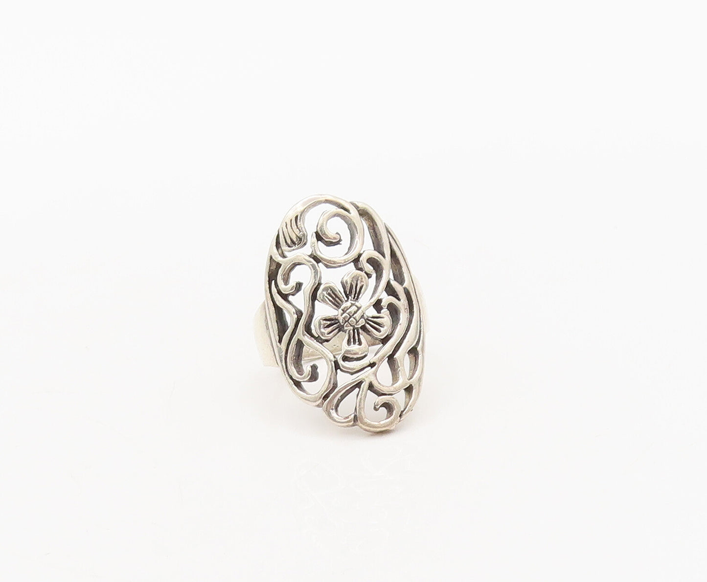 925 Sterling Silver Vintage Ring Swirly Carved Floral Solid Large Sz 8  RG27691