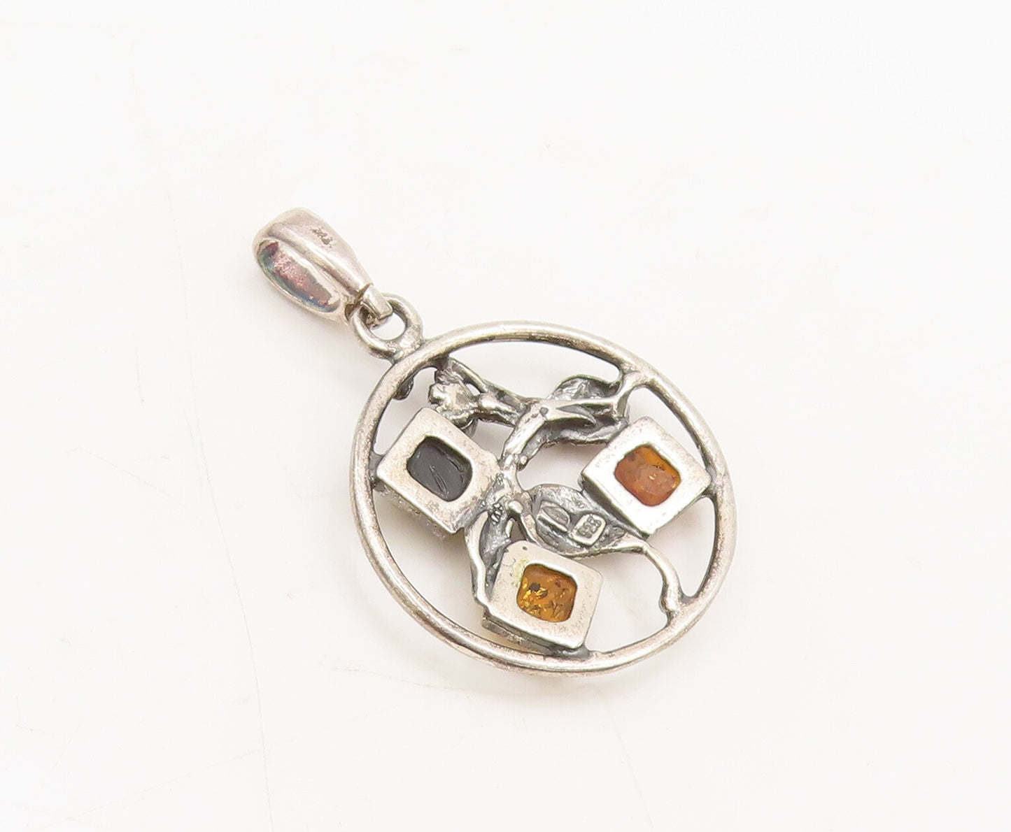 POLAND 925 Sterling Silver  Vintage Floral Cutout Amber Round Pendant  PT22406