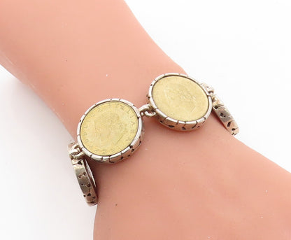 925 Sterling Silver  Vintage Two Tone Italian Coin Link Chain Bracelet  BT2537