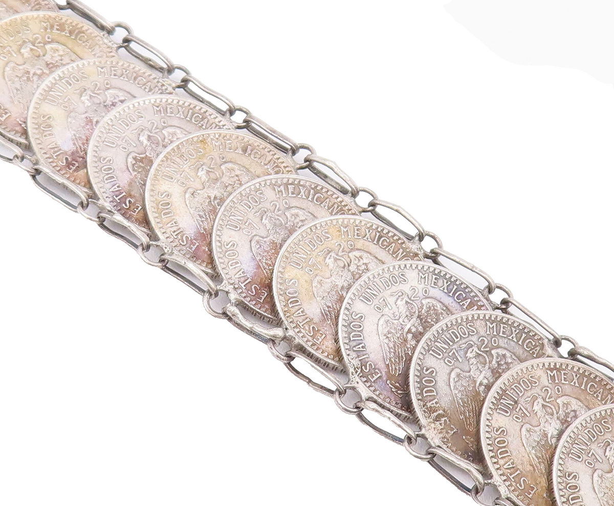 925 Sterling Silver Vintage Bracelet Mexican 20 Cent Chained Linked  BT10366