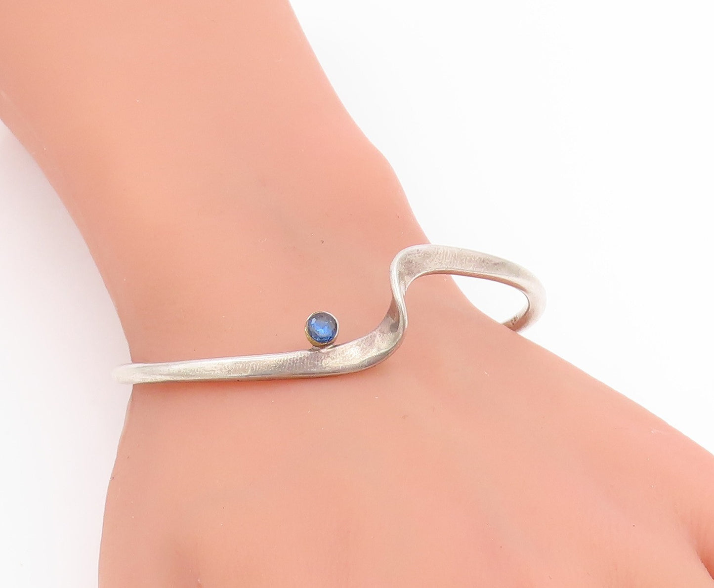 925 Sterling Silver Vintage Bracelet Blue Topaz Modernist Curved Wave  BT11839