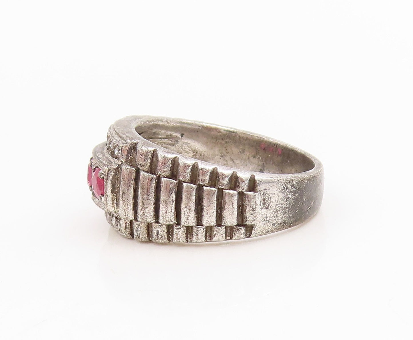 925 Sterling Silver Vintage Ring Real Diamonds & Ruby Watch Band Sz 8.5 RG34834