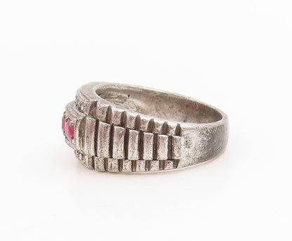 925 Sterling Silver Vintage Ring Real Diamonds & Ruby Watch Band Sz 8.5 RG34834