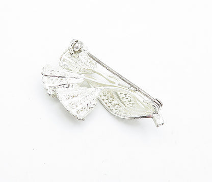 GERMANY 925 Sterling Silver  Vintage Shiny Filigree Flowers Brooch Pin  BP1840