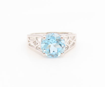 925 Sterling Silver Vintage Ring Elegant Blue Topaz Statement Band Sz 9 RG36256