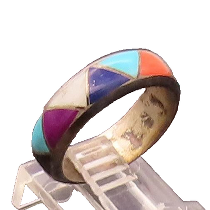 NAVAJO ZUNI 925 Silver Vintage Multi stone Triangle Inlay Ring Sz 6.5  RG26745