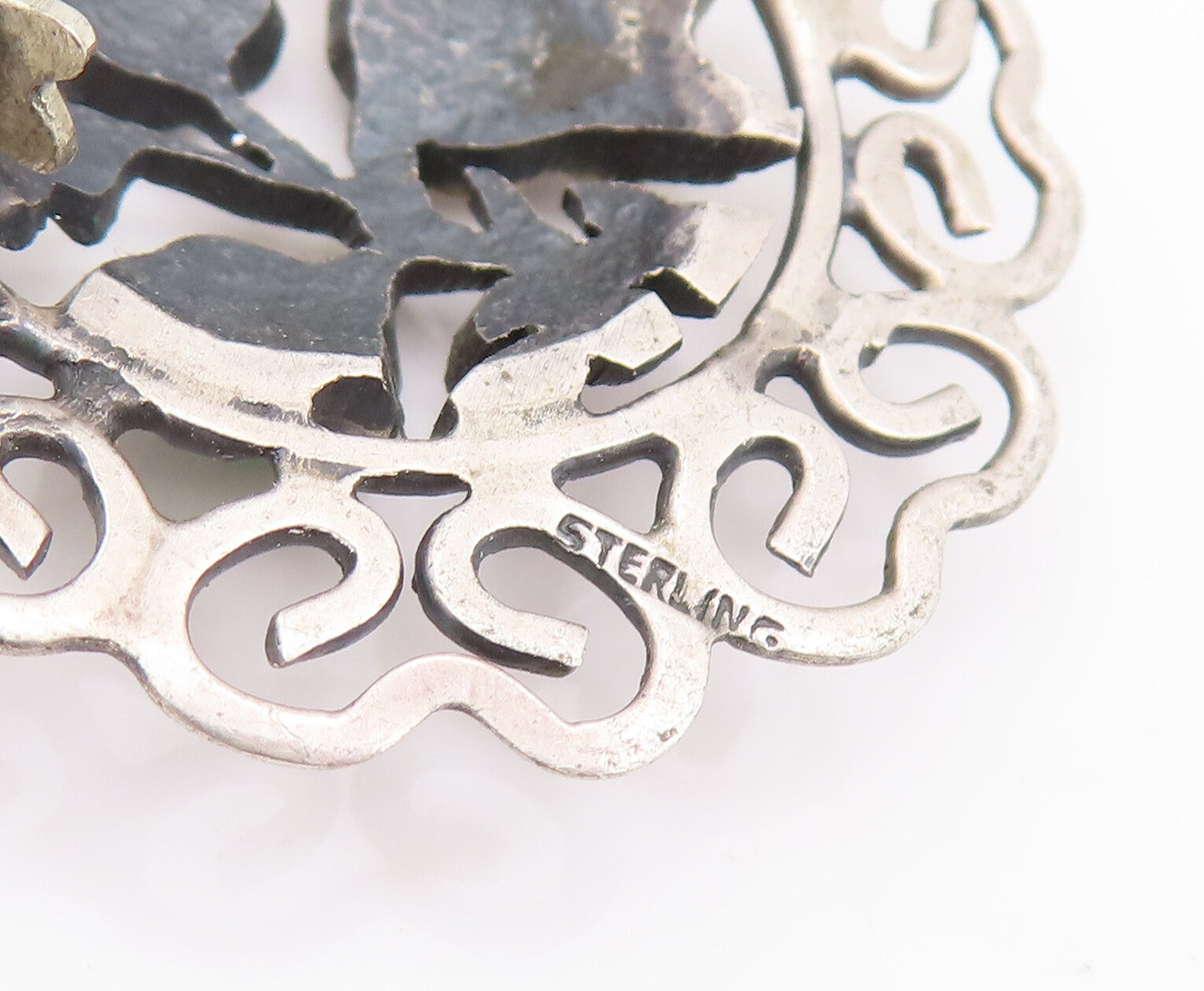 925 Sterling Silver Vintage Brooch Pin Cutout Round Turquoise Flower  BP11123