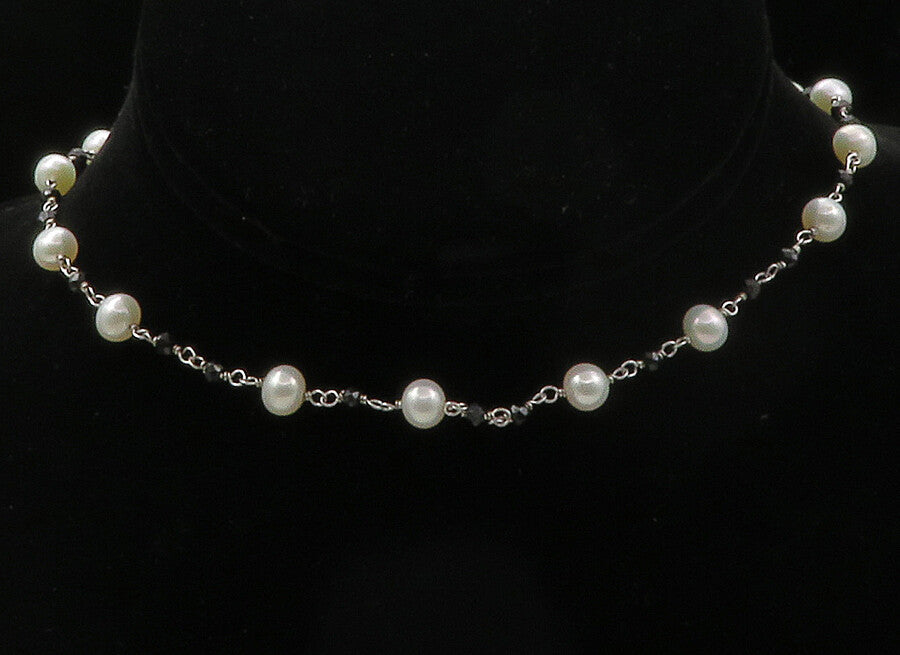 925 Sterling Silver  Petite Pearls & Black Hematite Chain Necklace  NE2128