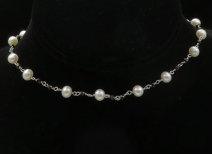 925 Sterling Silver  Petite Pearls & Black Hematite Chain Necklace  NE2128