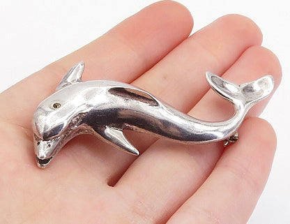 925 Sterling Silver  Vintage Shiny Leaping Dolphin Motif Brooch Pin  BP2534