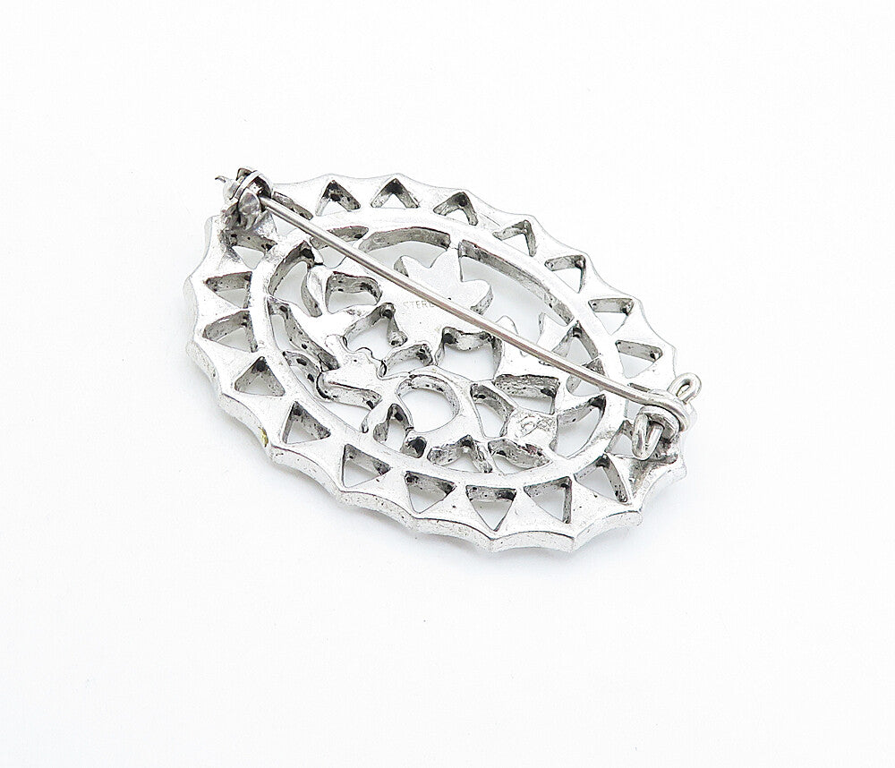 925 Sterling Silver  Vintage Sparkling Floral Designed Oval Brooch Pin  BP2199