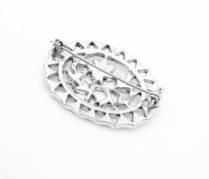 925 Sterling Silver  Vintage Sparkling Floral Designed Oval Brooch Pin  BP2199