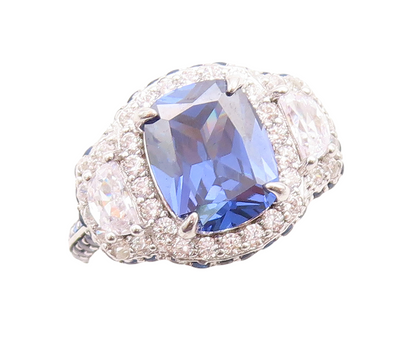 925 Sterling Silver Vintage Ring Rectangle Sapphire Designer CZ  Sz 7  RG30109