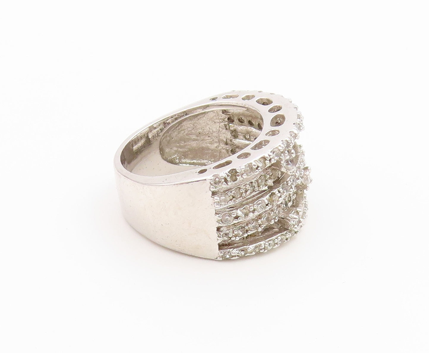 925 Sterling Silver Vintage Ring Multi Row CZ Pave Statement Band  Sz 8  RG36731