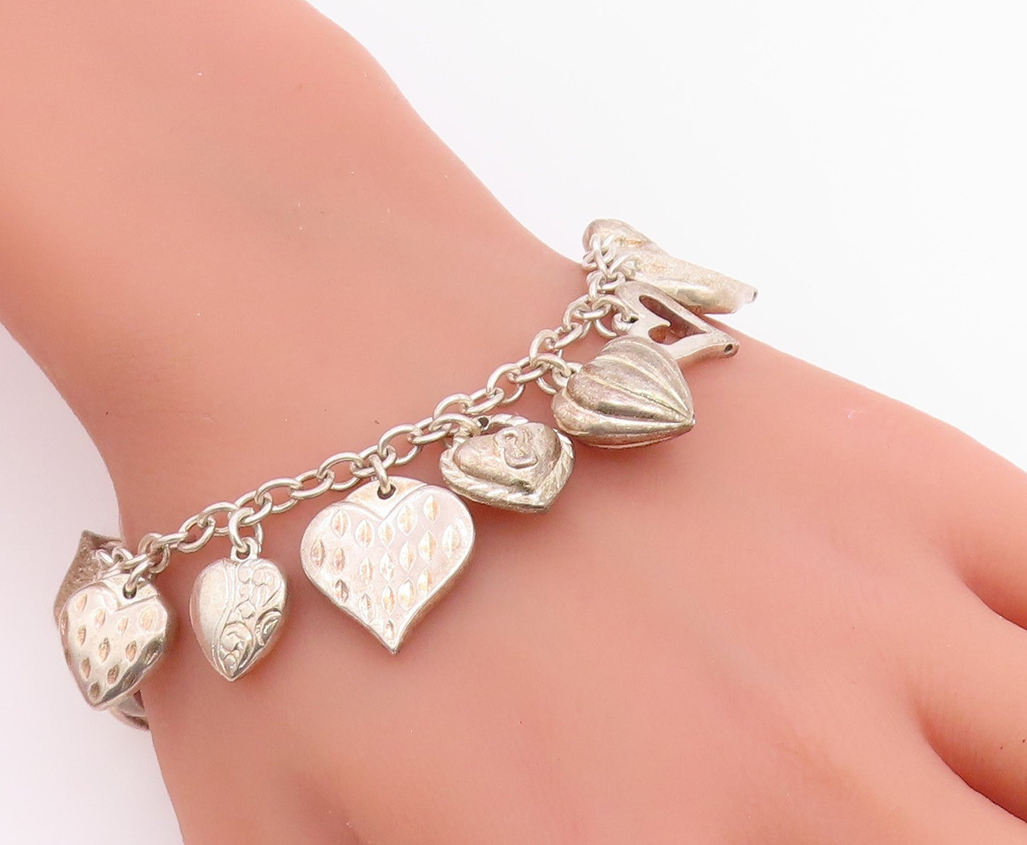 925 Sterling Silver Vintage Bracelet Multi Pattern Puffy Love Heart Link BT12207