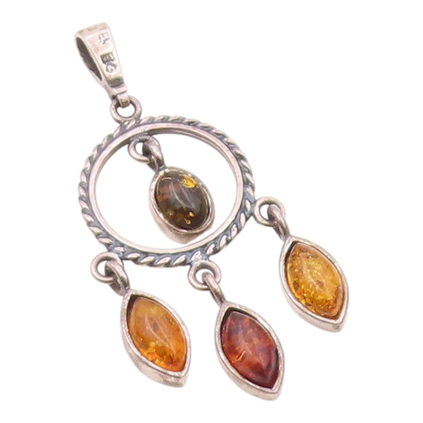 POLAND 925 Sterling Silver  Vintage Cabochon Cut Amber Twist Pendant  PT18078