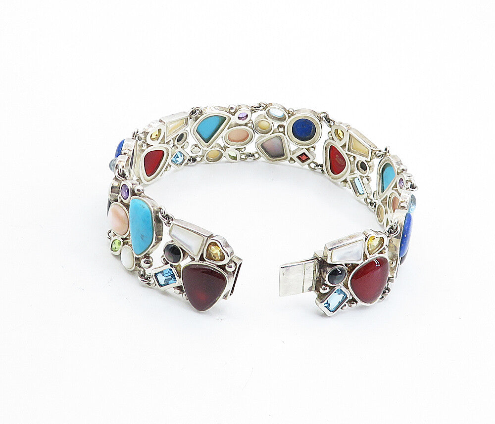 925 Sterling Silver Vintage Mother Of Pearl & Multi Stone Chain Bracelet BT3092