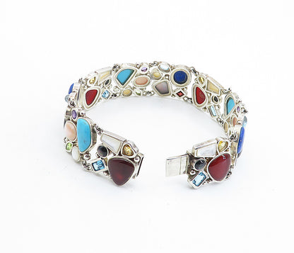 925 Sterling Silver Vintage Mother Of Pearl & Multi Stone Chain Bracelet BT3092