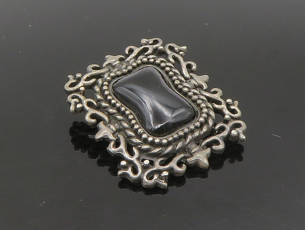 925 Sterling Silver  Vintage Black Onyx Floral Vine Border Brooch Pin  BP9304