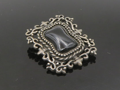 925 Sterling Silver  Vintage Black Onyx Floral Vine Border Brooch Pin  BP9304