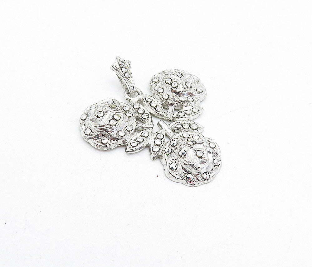 925 Sterling Silver  Vintage Sparkling Floral Design Drop Pendant  PT3129