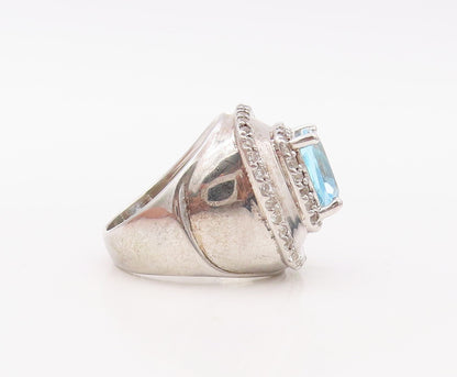 925 Sterling Silver Vintage Ring Large White Square Cut Blue Topaz  Sz 7 RG30787