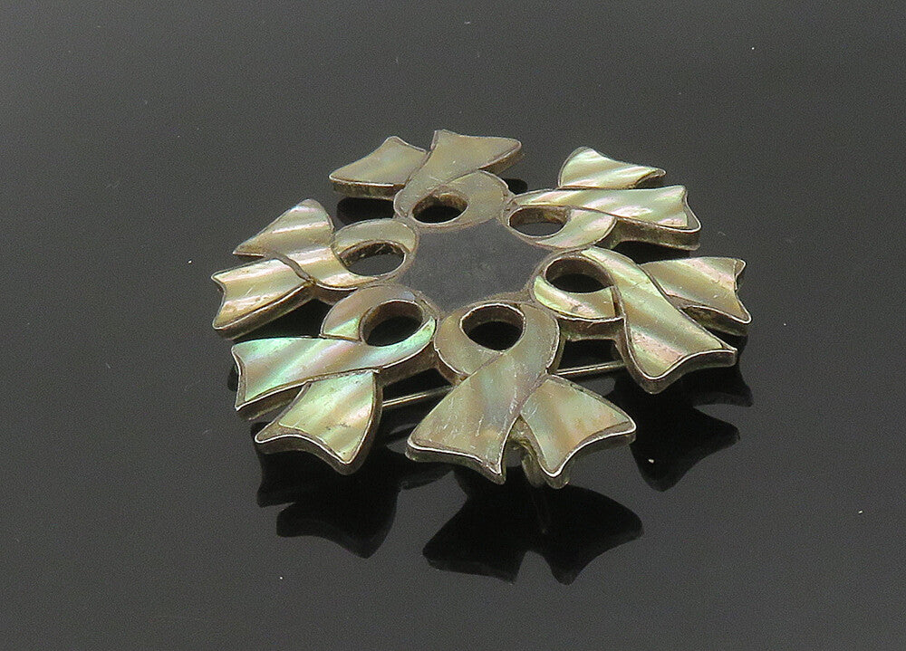 MEXICO 925 Silver  Vintage Black Onyx & Abalone Ribbons Brooch Pin  BP8366