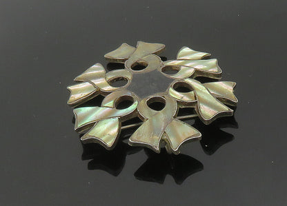 MEXICO 925 Silver  Vintage Black Onyx & Abalone Ribbons Brooch Pin  BP8366