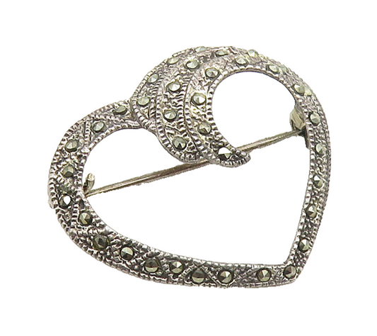 925 Sterling Silver   Vintage Marcasite Open Love Heart Brooch Pin  BP6841