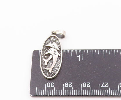925 Sterling Silver  Vintage Double Coiled Dolphins Drop Pendant  PT20218