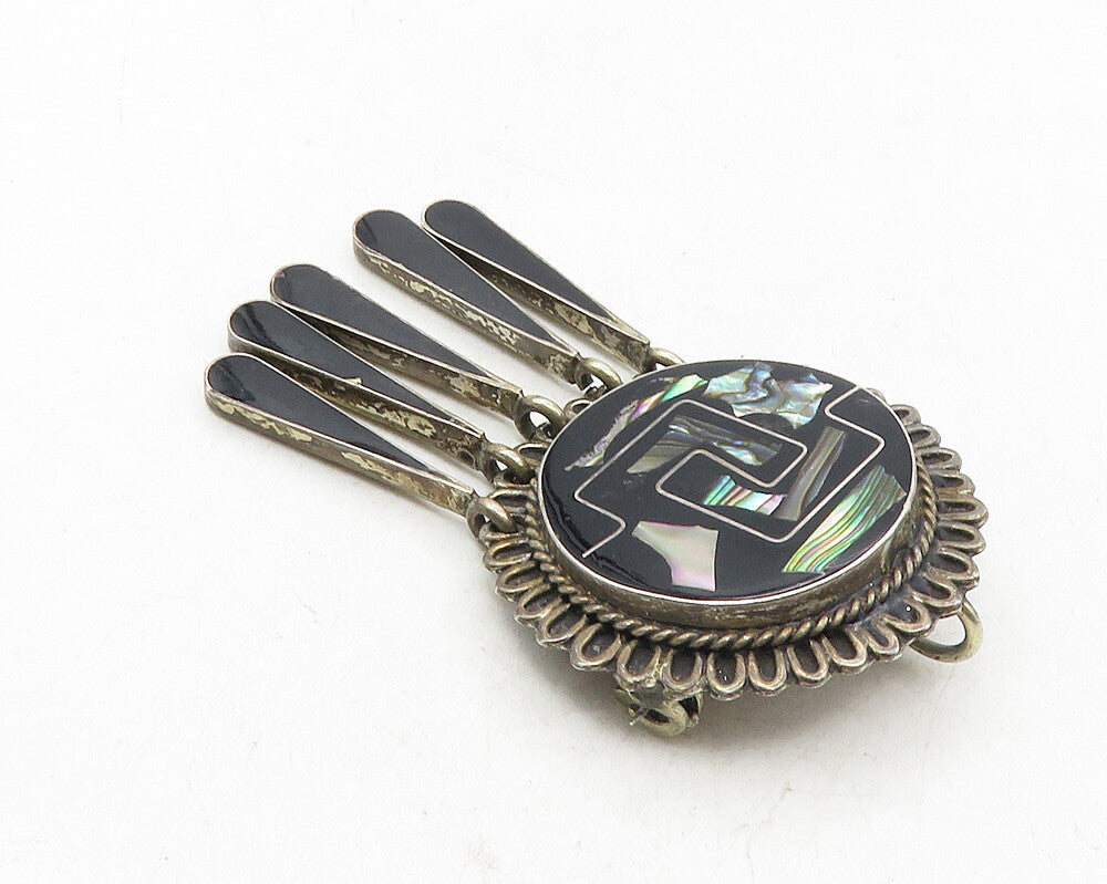 MEXICO 925 Sterling Silver  Vintage Abalone Shell Mosaic Brooch Pin  BP3847