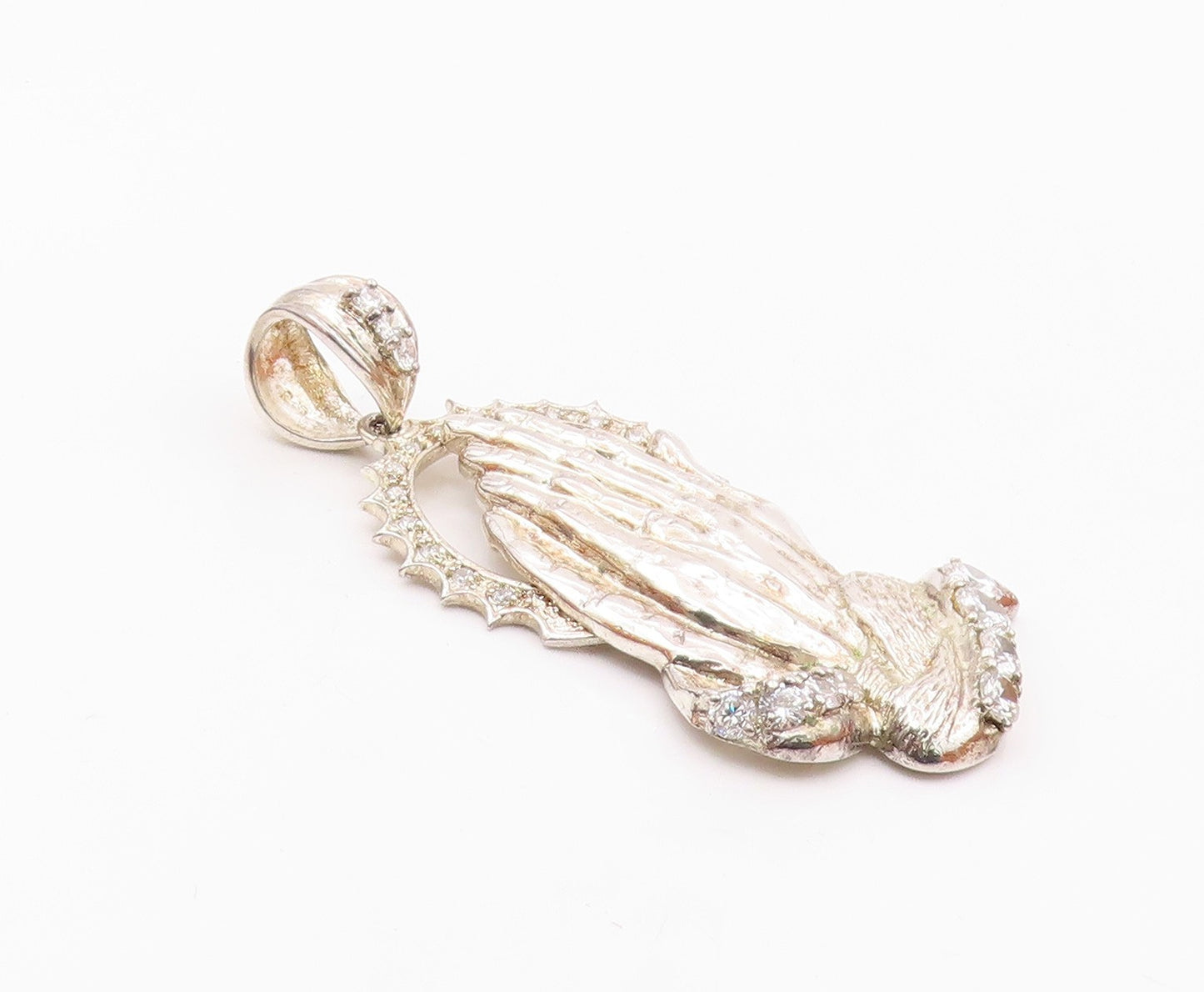925 Silver  Vintage Cubic Zirconia Religious Prayer Hands Pendant  PT21018