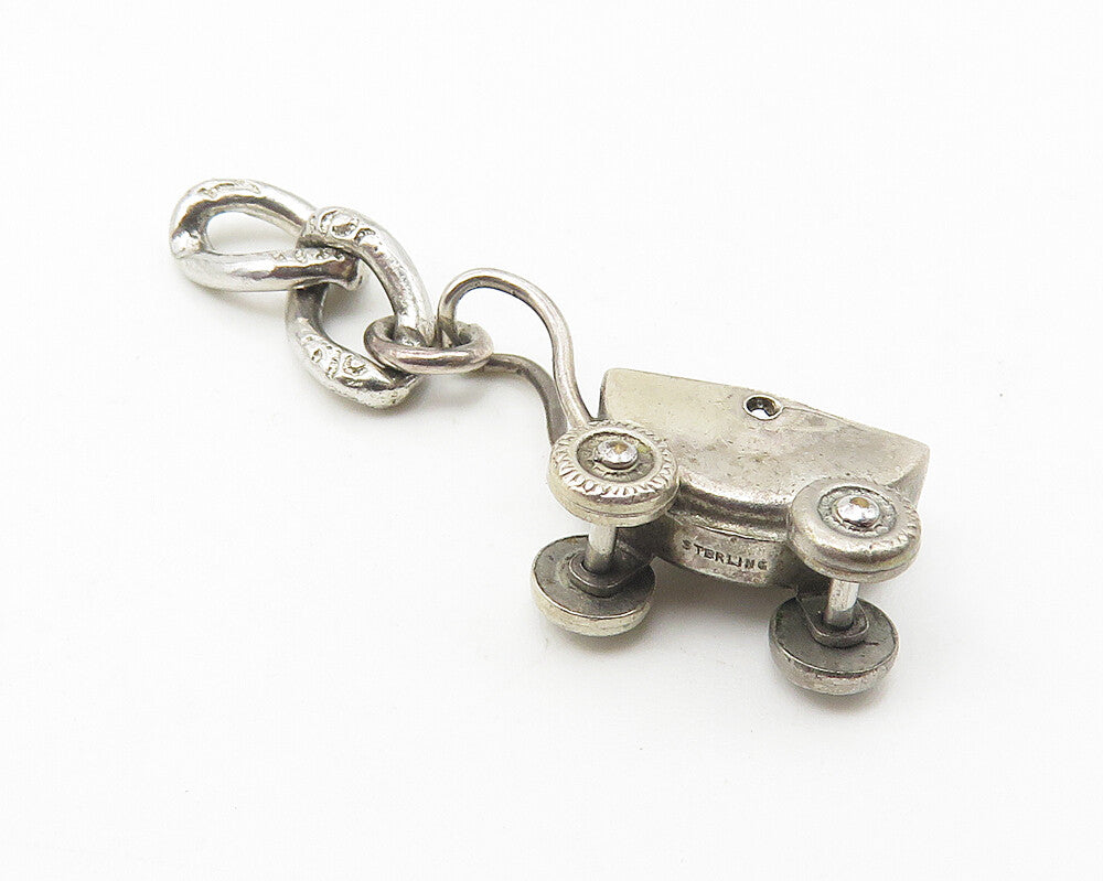 925 Sterling Silver  Vintage Petite Old Fashioned Baby Carriage Pendant PT8221