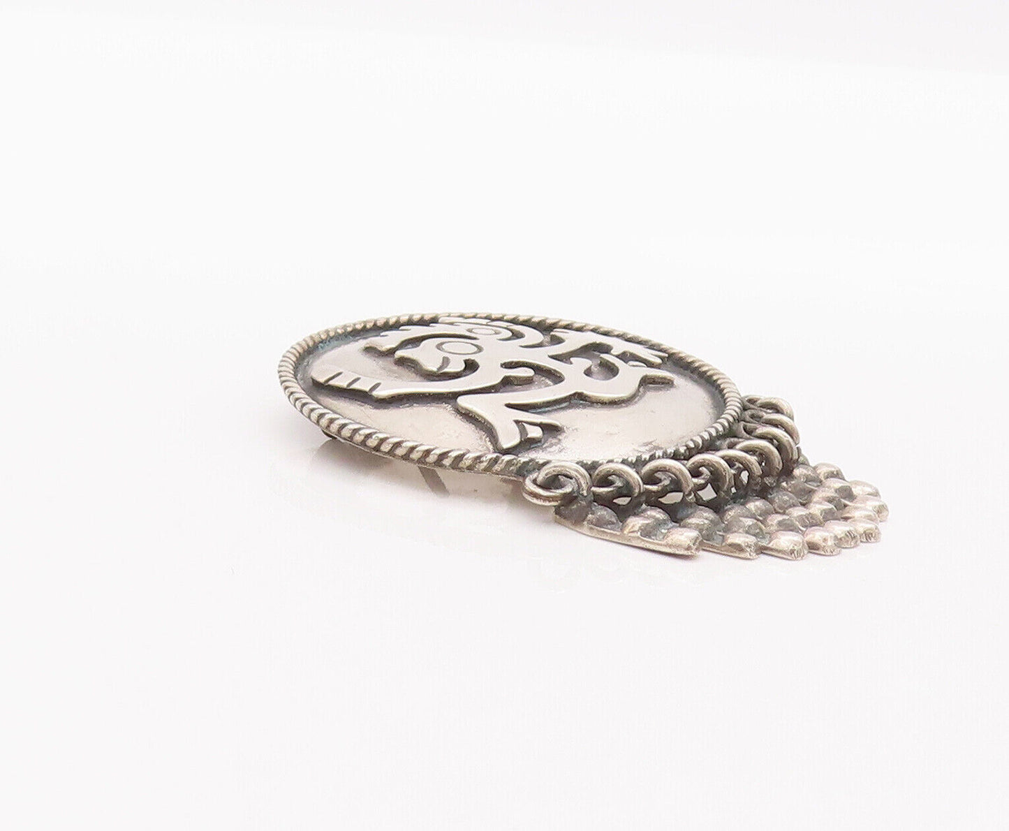 925 Sterling Silver Vintage Brooch Pin MEXICO Carved Man With Dangles  BP10795