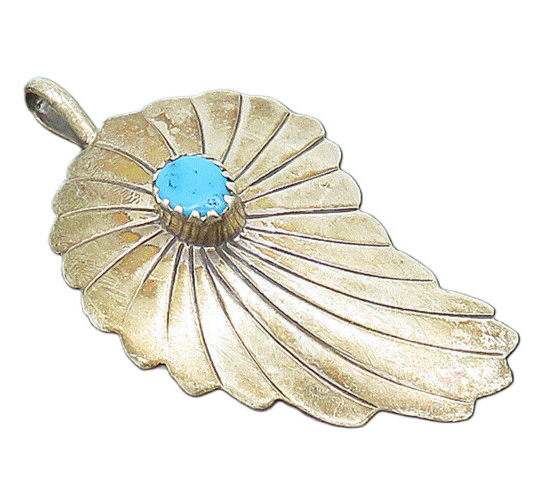 NAVAJO 925 Sterling Silver  Vintage Turquoise Floral Leaf Pendant  PT16286