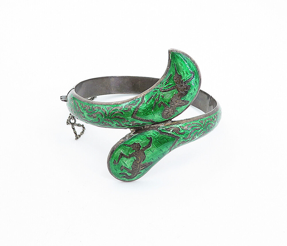 SIAM 925 Sterling Silver  Vintage Enamel Dancer Bypass Bangle Bracelet  BT2824