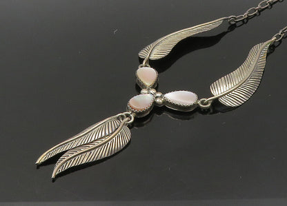 NAVAJO 925 Silver  Vintage Mother Of Pearl Floral Leaf Chain Necklace  NE3655