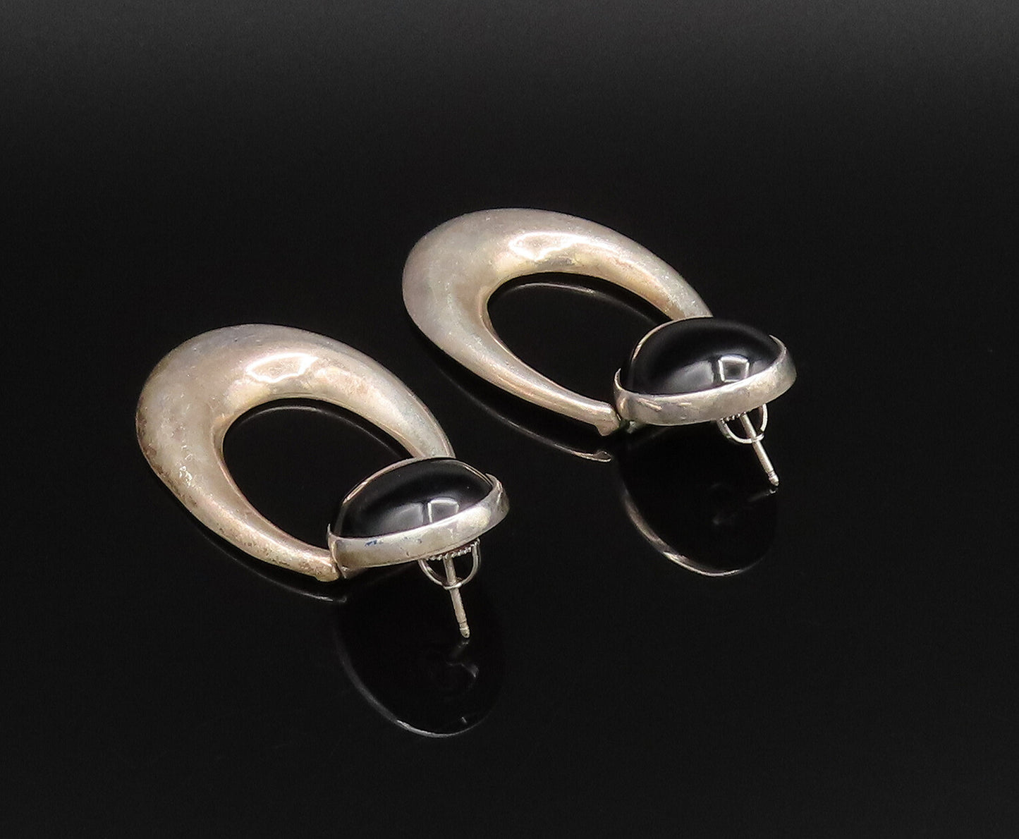 925 Sterling Silver Vintage Cabochon Black Onyx Open U Dangle Earrings EG12130