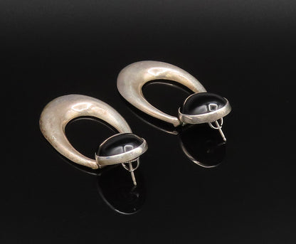 925 Sterling Silver Vintage Cabochon Black Onyx Open U Dangle Earrings EG12130