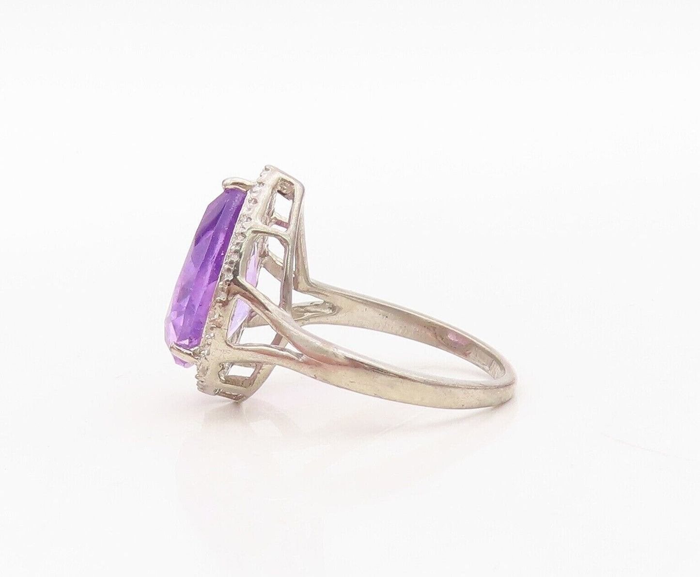 925 Sterling Silver Vintage Ring Diamonds & Drop Cut Amethyst  Sz 7  RG30393