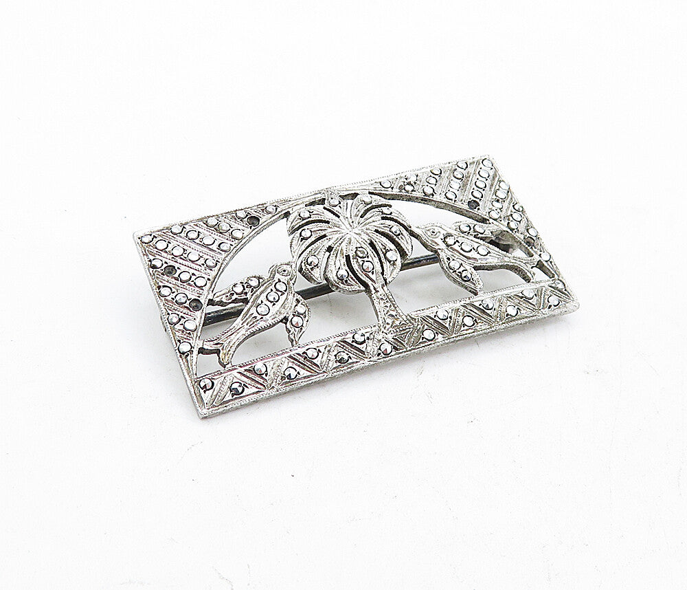925 Sterling Silver  Vintage Sparkling Palm Tree & Birds Brooch Pin  BP1920